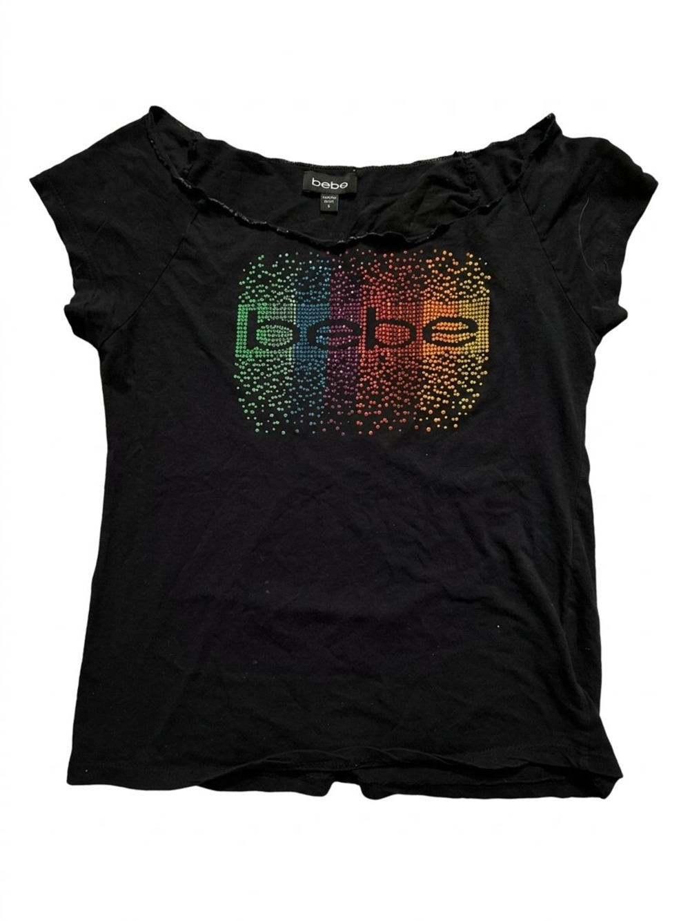 bebe Rhinestone Logo T-Shirt Size S Black Rainbow Crystal